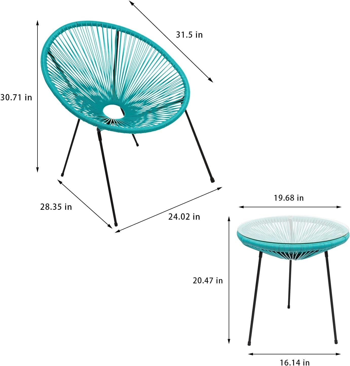 3-Piece Outdoor Acapulco Chair, All-Weather Patio Conversation Bistro Set, Modern Indoor and Outdoor Patio Furniture Set with Glass Top Table for Backyard, Livingroom, Balcony (Blue)