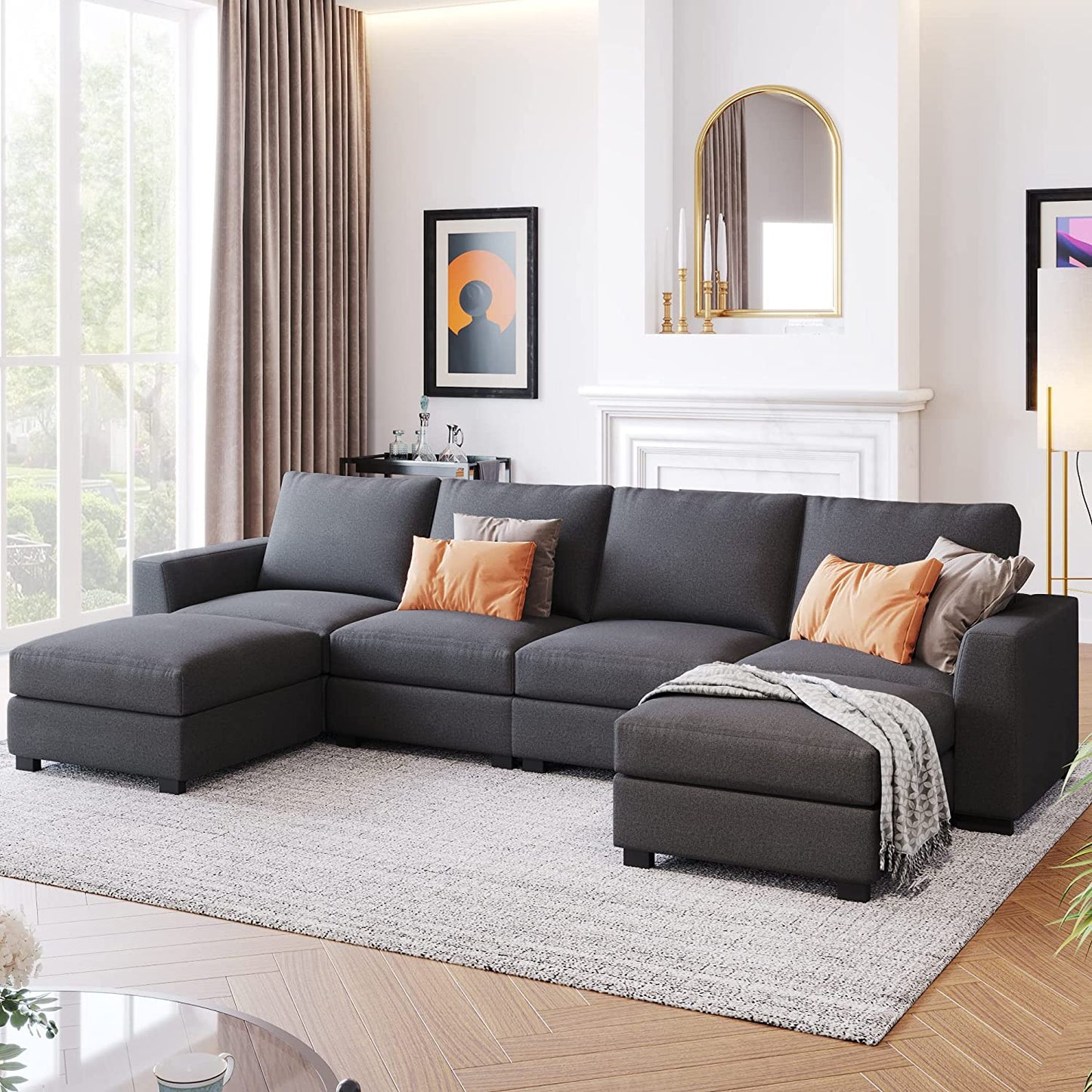 131" Modern Large Sectional Sofa,U Shape Upholstered Couch,Modular Sectional Sofa with 2 Removable Ottomans,Thickened Cushion Back & Wide Square Arms,4 Seat Sofa for Living Room (Gray)