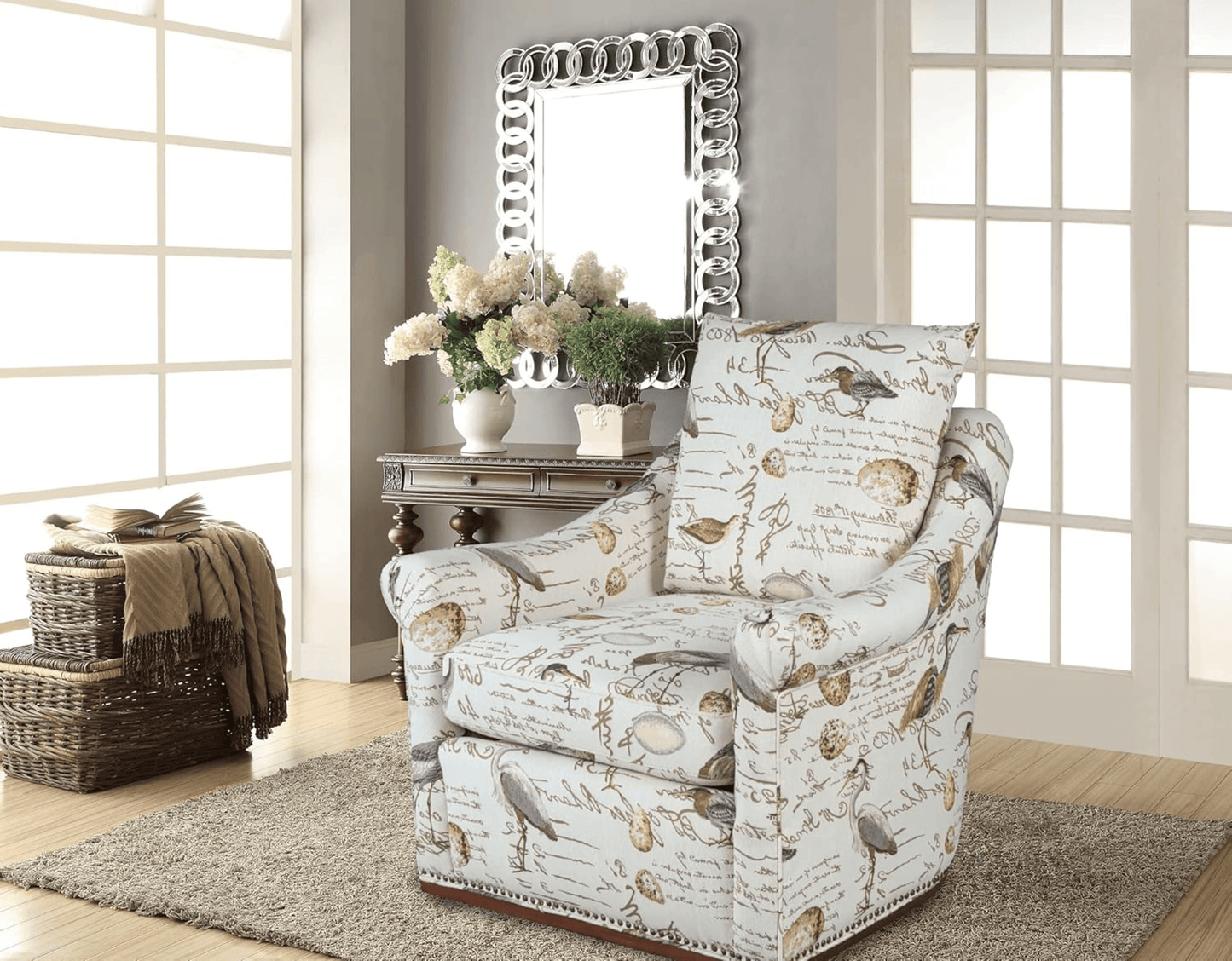 Birdscript Swivel Chair with Nailhead Trim and Rolled Arms