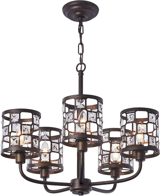 5-Light Rustic Chandelier Light Fixture, Farmhouse Chandelier with Metal and Crystal Lampshades, Industrial Light Fxiture for Kitchen, Dining Room, Living Room, Bedroom