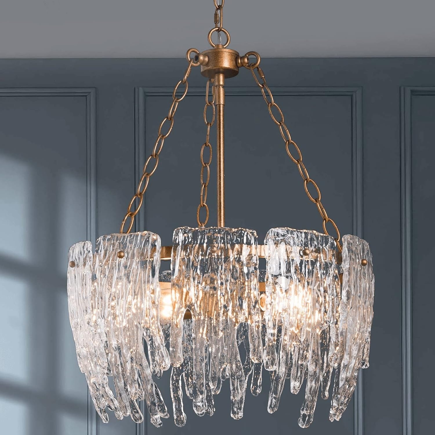 Modern Glass Chandelier, Antique Gold Dining Room Chandelier with Waterfall Shade, Hanging Farmhouse Crystal Chandelier Light Fixture for Bedroom, Living Room, 4-Light, Dia 17.5"