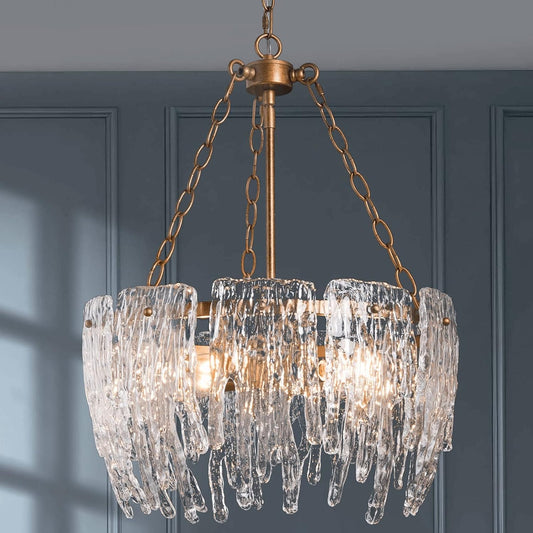 Modern Glass Chandelier, Antique Gold Dining Room Chandelier with Waterfall Shade, Hanging Farmhouse Crystal Chandelier Light Fixture for Bedroom, Living Room, 4-Light, Dia 17.5"