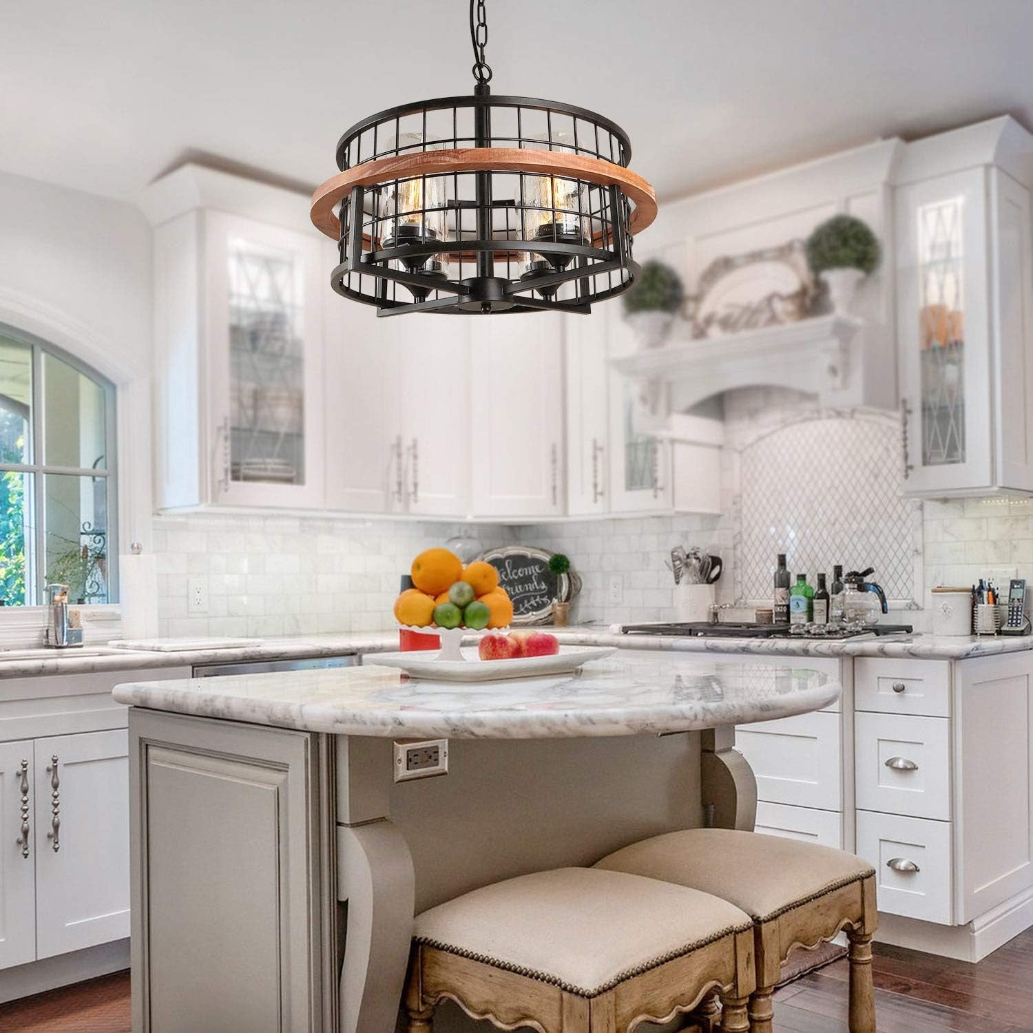 round Chandelier with 4 Seeded Glass Shades, Oak Wood Industrial Drum Kitchen Island Light, round Farmhouse Pendant Light Fixtures for Dining Room