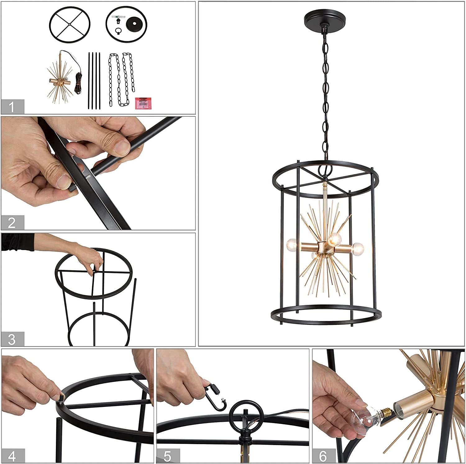 Black and Gold Chandelier, Mid Century Modern Pendant Light Fixture, 4-Light Sputnik Satellite Lantern Cage Chandelier for Entryway, Foyer, Dining Room, Kitchen Island, 12.5”D X 19”H