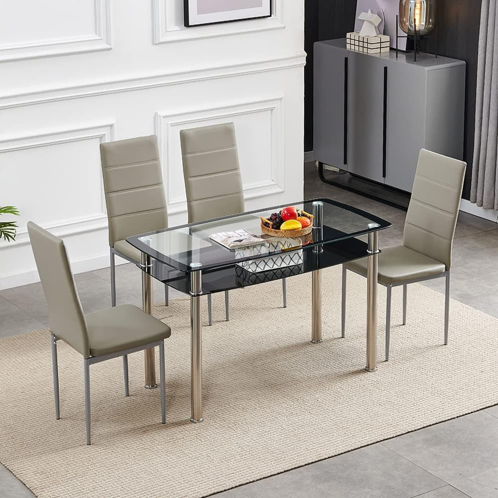 Dining Table with Chairs, Glass Dining Table with Storage Shelf 2-Tier Kitchen Table with PU Leather Chairs Chic Living Room Kitchen Table with Steel Legs