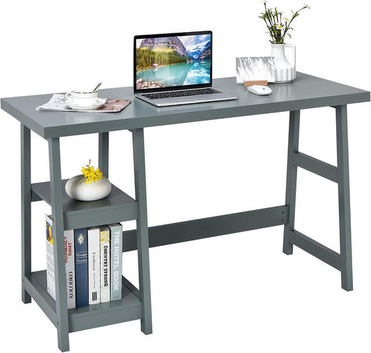 Computer Desk with Shelves, Modern Trestle Desk Home Office Desk with Storage Shelf, Space Saving Study Writing Desk, Desk for Bedroom