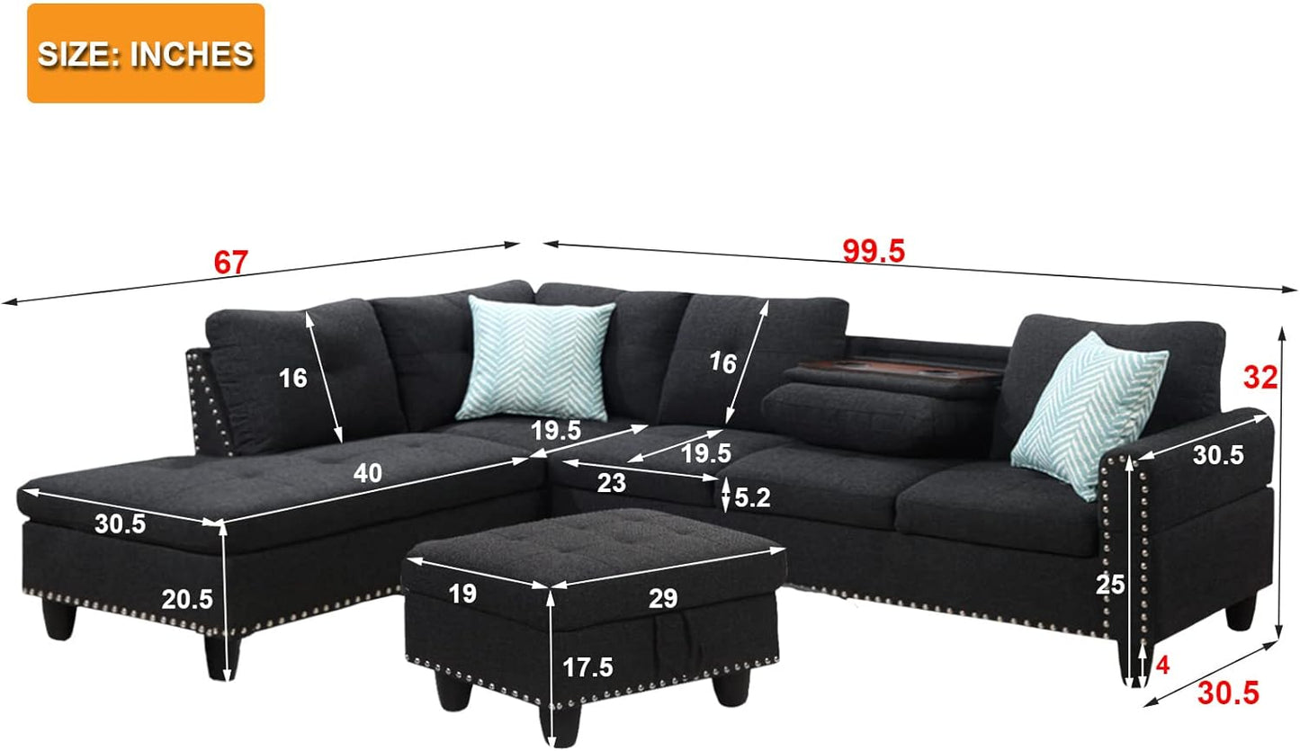 Modern Sectional Sofa Set with Chaise Lounge and Ottoman 6 Seat Corner Sectional Gray L Shaped Living Room Couch with Cupholder, Left Facing Couch