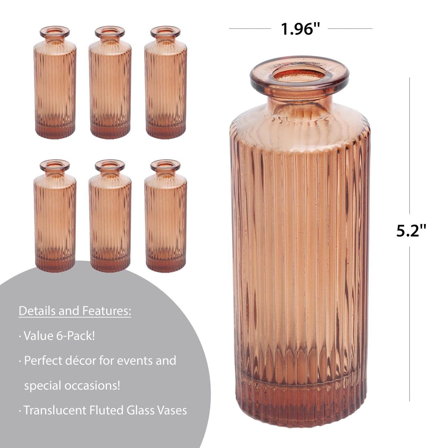 5.2" 6 Pack Mini Amber Translucent Ribbed Glass Indoor Tabletop Vase