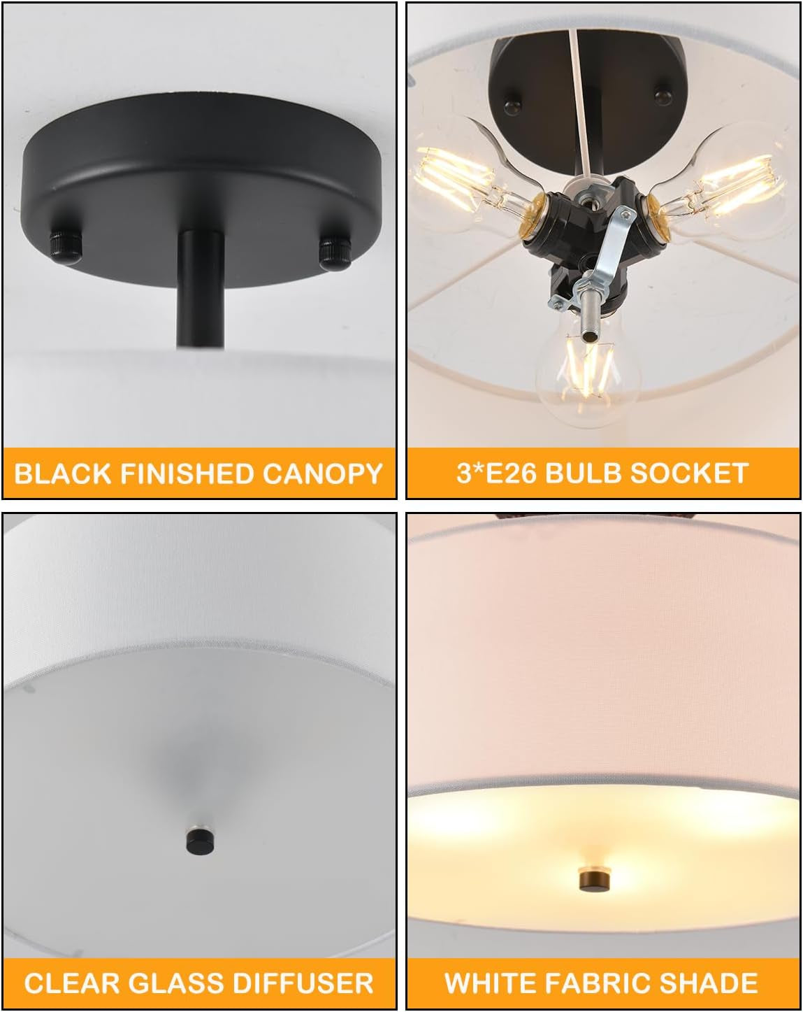 13" Semi Flush Mount Ceiling Light Fixture, 3-Light Black Drum Flush Mount Light Fixtures with White Fabric Shade, Modern Close to Ceiling Lights for Living Room Bedroom Hallway Entryway Foyer