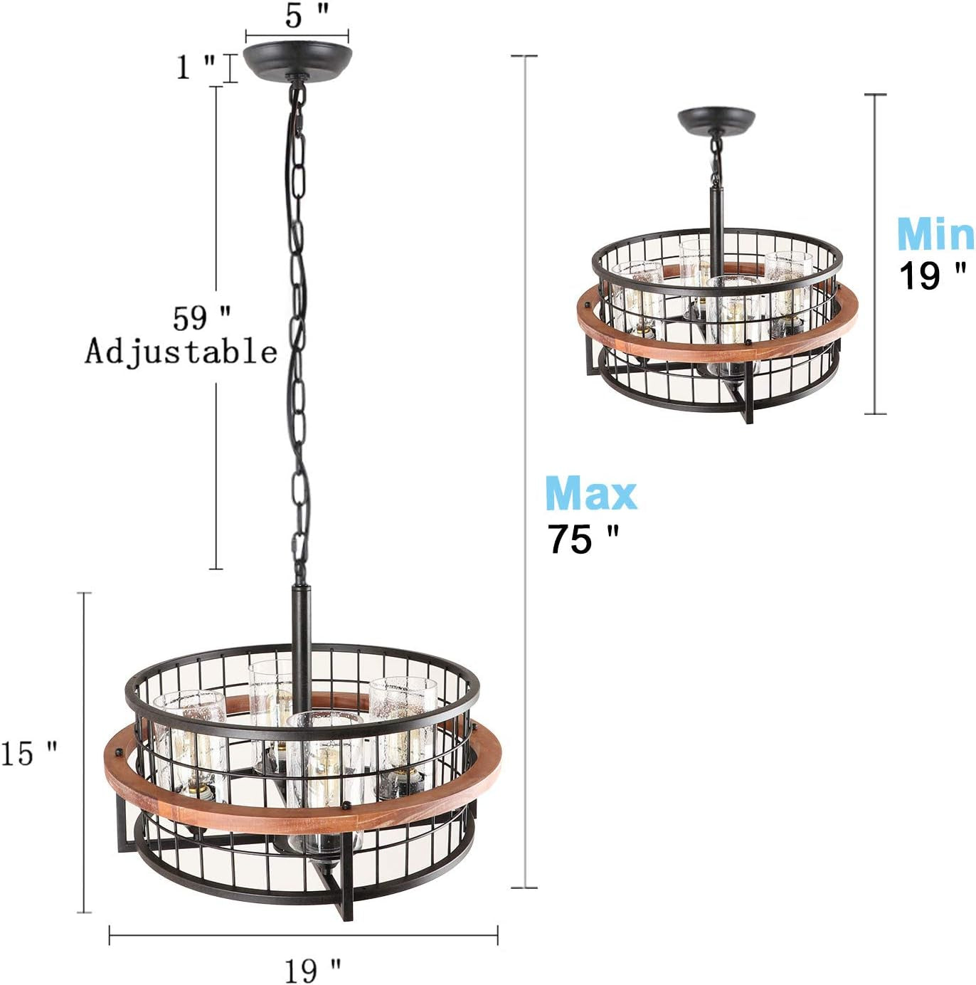 round Chandelier with 4 Seeded Glass Shades, Oak Wood Industrial Drum Kitchen Island Light, round Farmhouse Pendant Light Fixtures for Dining Room