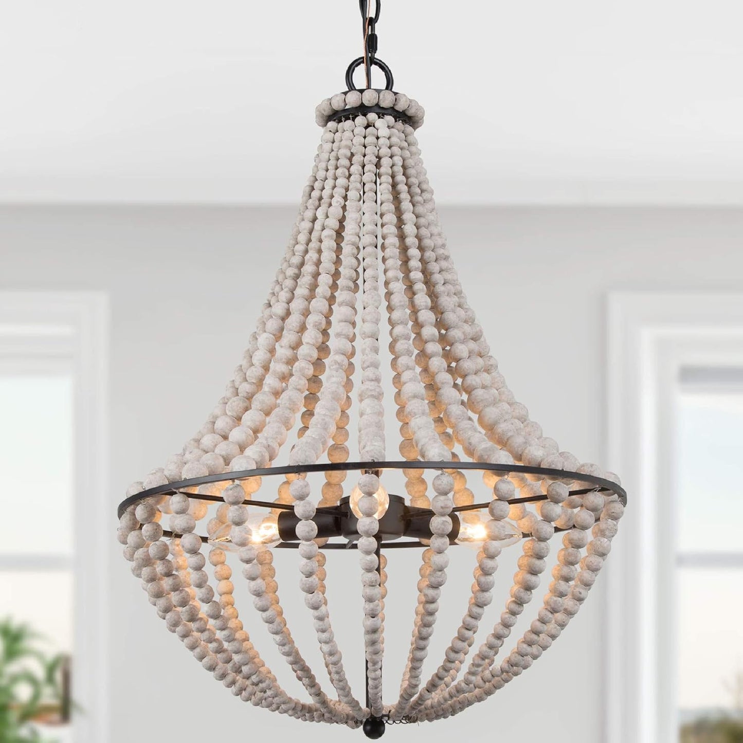 Farmhouse Chandelier, Boho Light Fixture for Dining Room, Bedroom, Handmade Wood Beads, 3-Lights, 15.5” D X 22” H