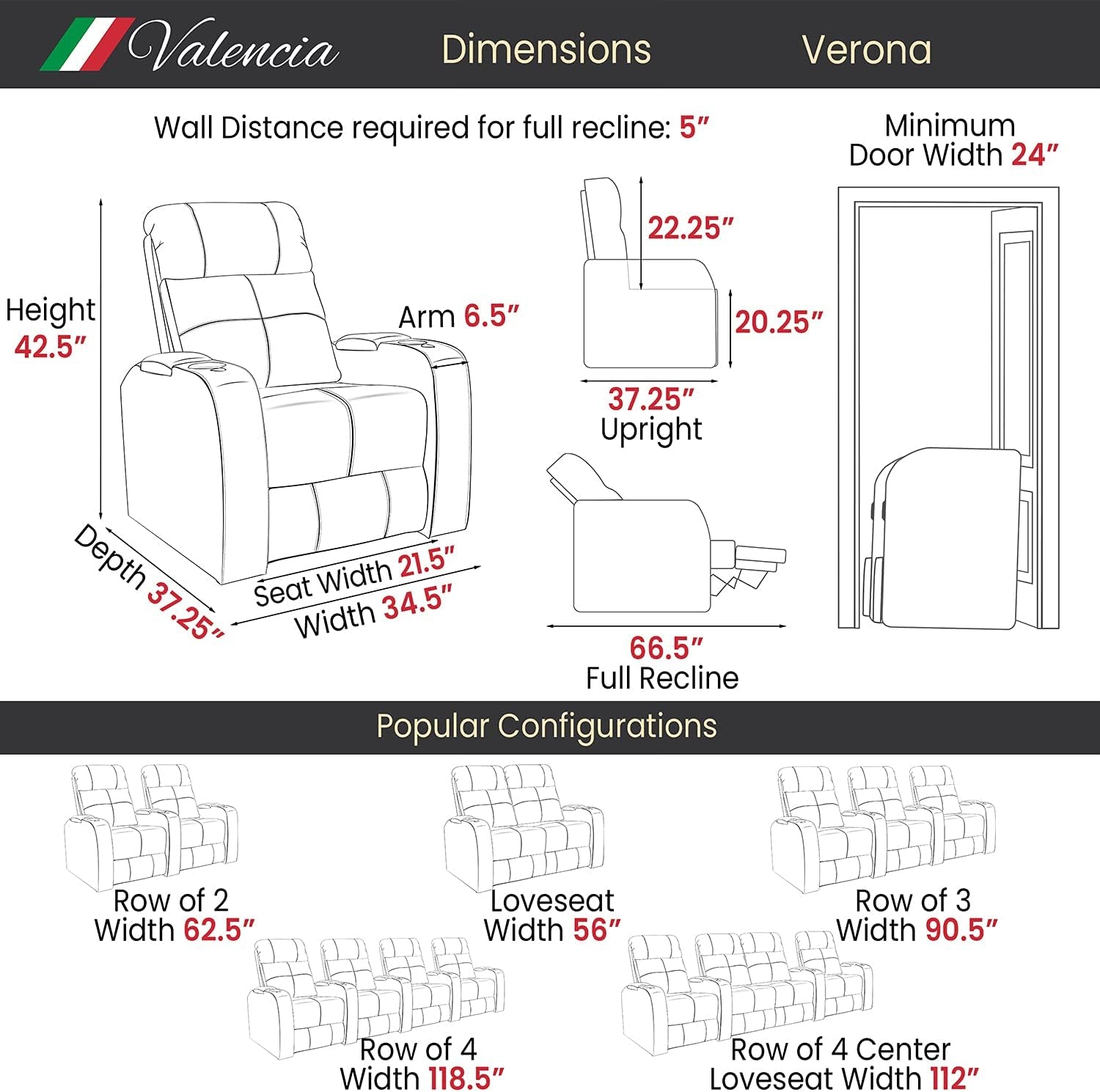 Valencia Verona Home Theater Seating | Premium Top Grain Italian 9000 Leather, Power Recliner, LED Lighting (Row of 2, Black)