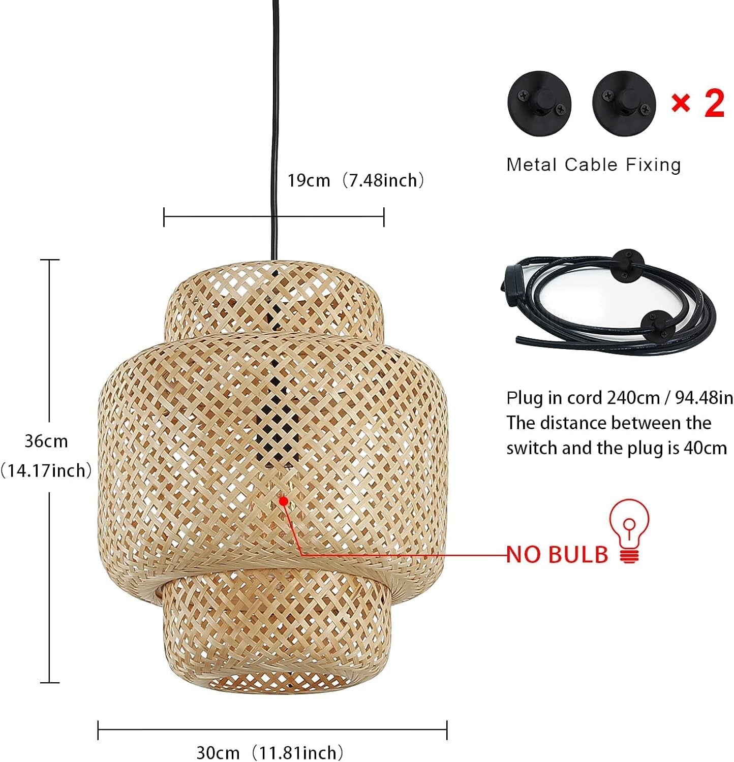 Hand Woven Bamboo Pendant Lighting for Kitchen Island, Plug in Cord Ceiling Hanging Wicker Lamp, Rattan Basket Chandelier Bamboo Light Fixture for Living Room Dining Room Restaurant(Cake Shape)