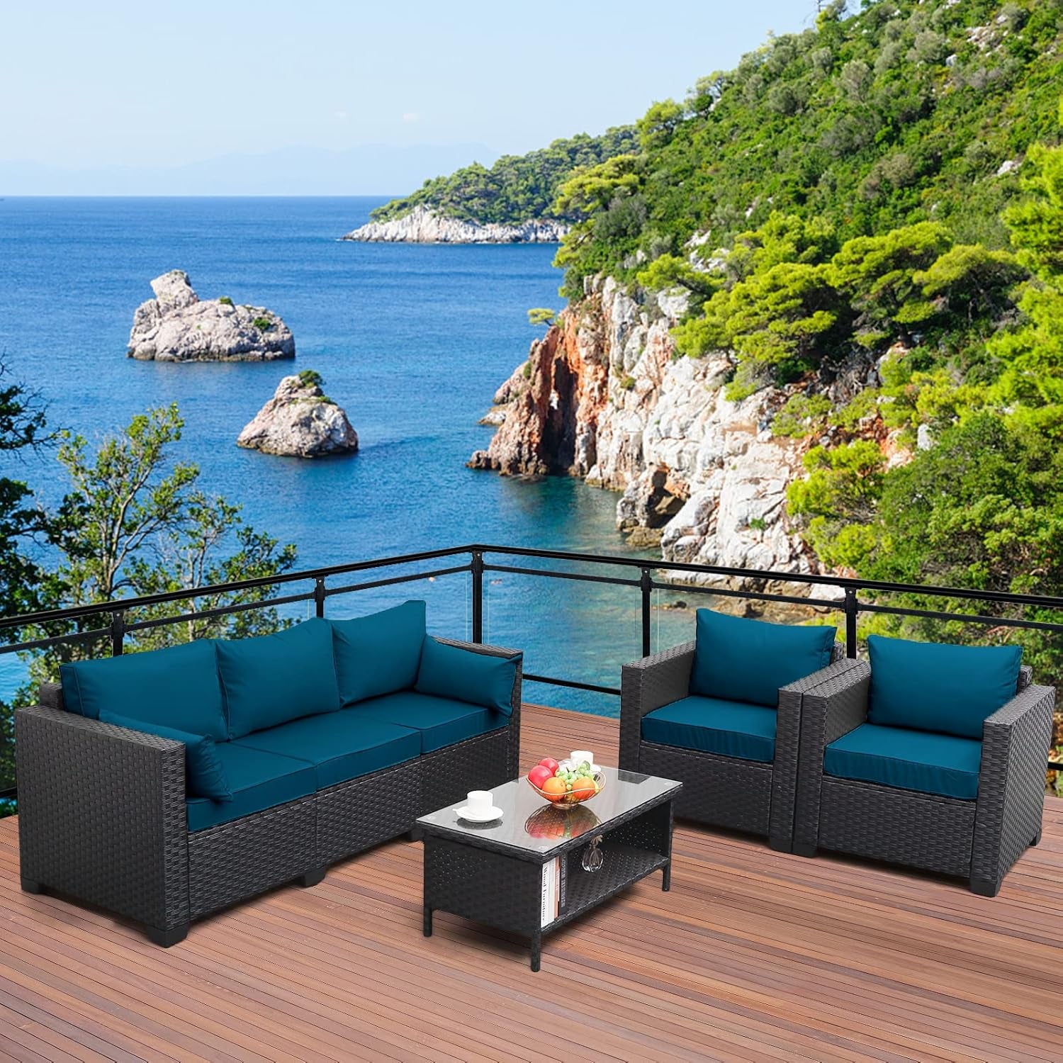 4 Pieces Patio PE Wicker Sofa Sets Outdoor Rattan Conversation Furniture Set Sectional Couch with Table and Peacock Blue Cushions