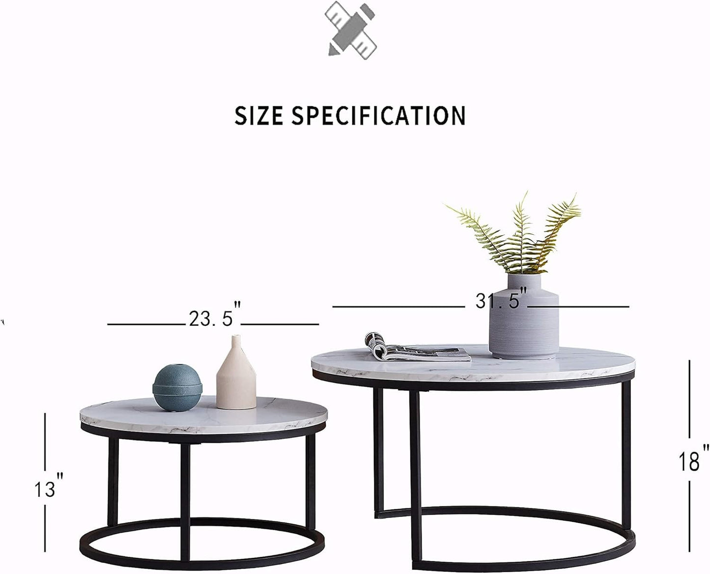 Modern Nesting Coffee Table, Marble Look Sofa Side Nest of Tables round End Tables, Set of 2, Black Color Frame with Wood Top- 32”& 24” Table Set