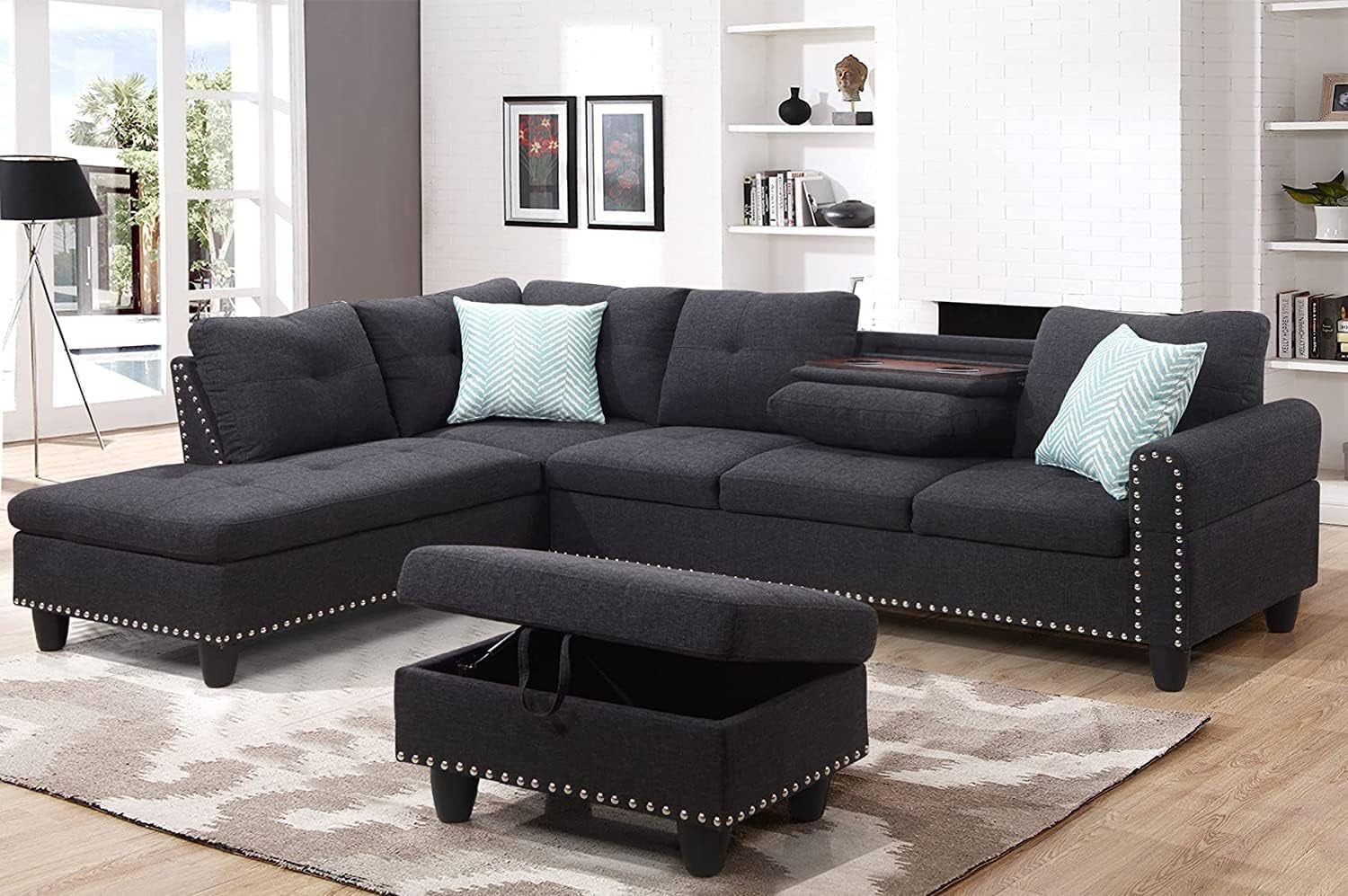 Modern Sectional Sofa Set with Chaise Lounge and Ottoman 6 Seat Corner Sectional Gray L Shaped Living Room Couch with Cupholder, Left Facing Couch