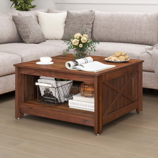 Coffee Table with Storage, Square Wood Farmhouse Coffee Table with Barn Door for Living Room, Walnut