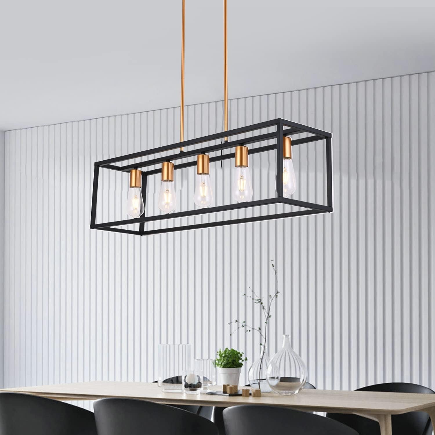 Modern Farmhouse Black Dining Room Chandelier,Kitchen Island Rectangular Lighting,Black and Gold Pendant Light Fixtures for Kitchen Dining Room Bar Foyer(E26,5-Lights)