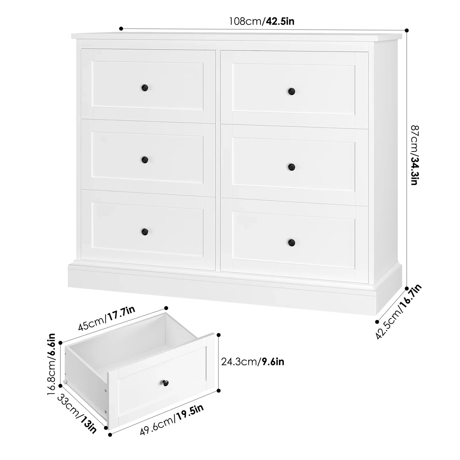 White Dresser with 6 Drawer , 42.5" Wide Double Dresser for Bedroom, Wooden Dresser Chest of Drawers