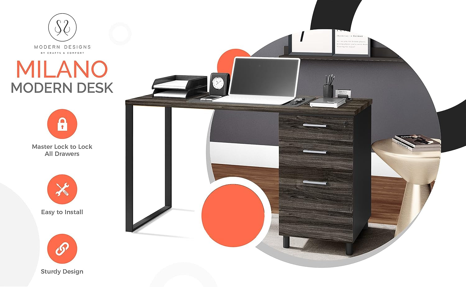 Modern Design Milano Office Computer Desk with 3 Locking Drawers, 48 Inch Grey and Black Wood Desk with Filing Drawer and Storage by Crafts and Comfort