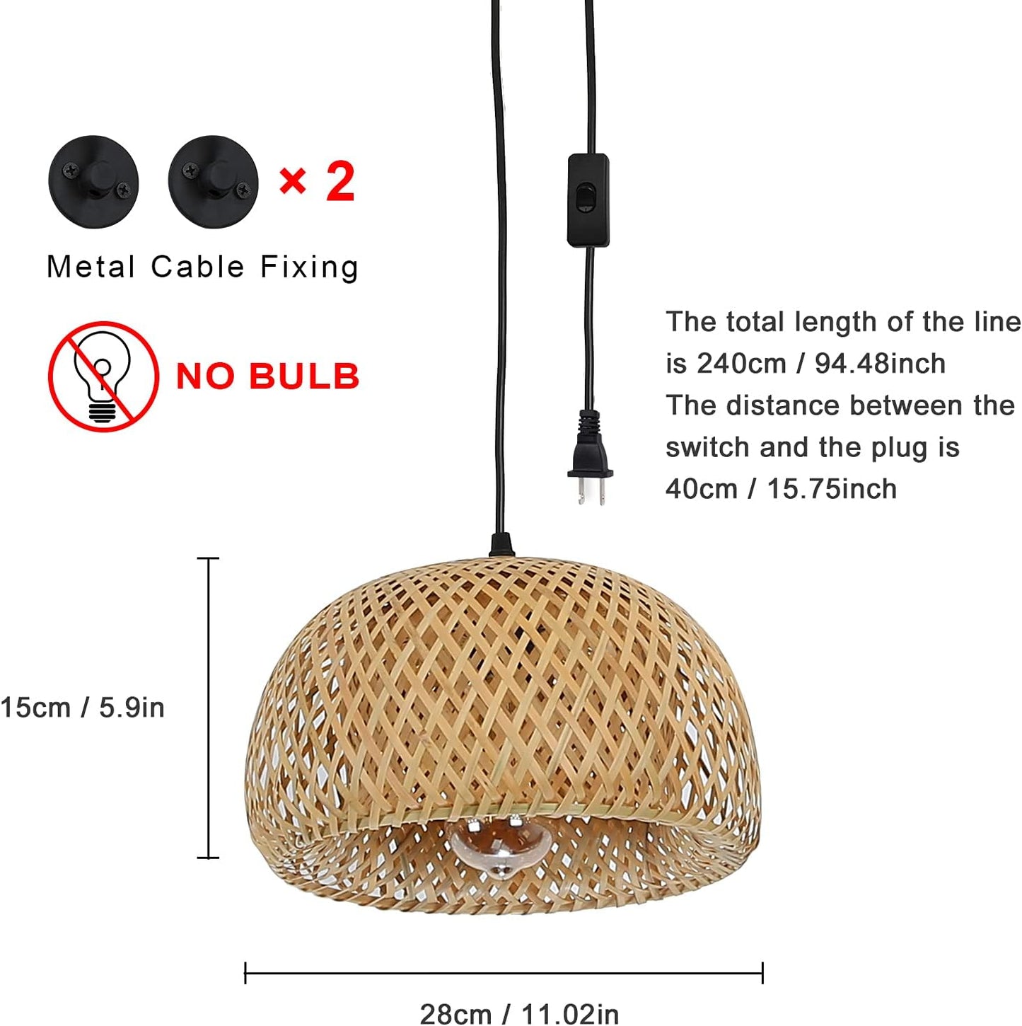 Bamboo Pendant Light - Modern Plug in Cord Rustic Woven Rattan Lampshade Basket Chandelier, Adjustable Wicker Ceiling Hanging Wall Light Fixture for Kitchen Island Bar Cafe Restaurant