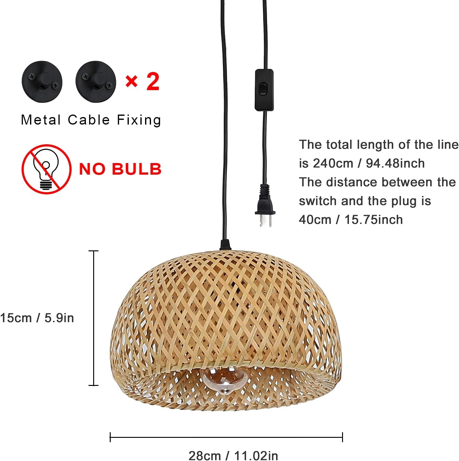 Bamboo Pendant Light - Modern Plug in Cord Rustic Woven Rattan Lampshade Basket Chandelier, Adjustable Wicker Ceiling Hanging Wall Light Fixture for Kitchen Island Bar Cafe Restaurant