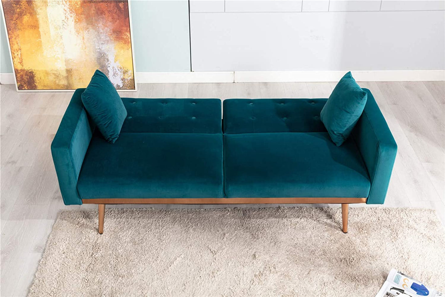 63" Accent Sofa, Mid Century Modern Velvet Fabric Couch， Convertible Futon Sofa Bed ，Recliner Couch Accent Sofa Loveseat Sofa with Gold Metal Feet (Teal)