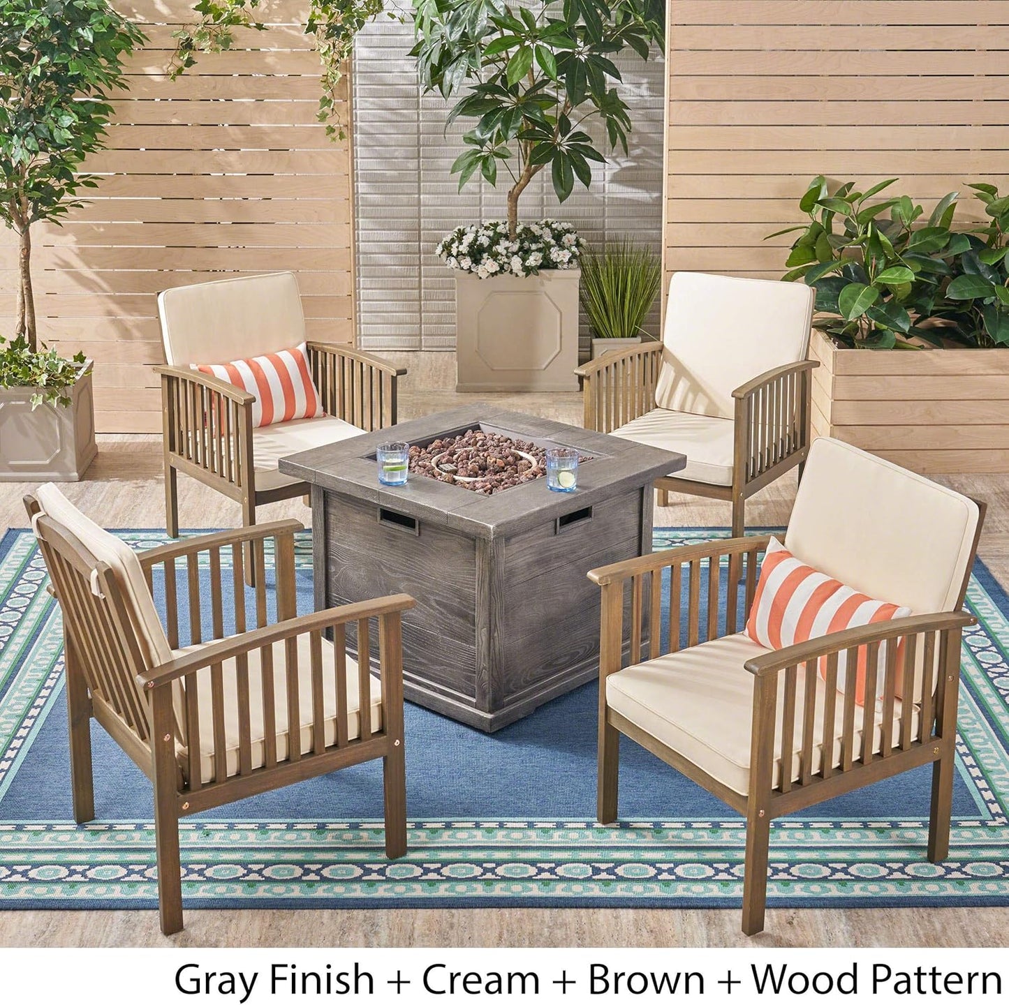 Outdoor 4-Seater Acacia Wood Club Chairs with Firepit, Gray Finish and Cream and Wood Pattern