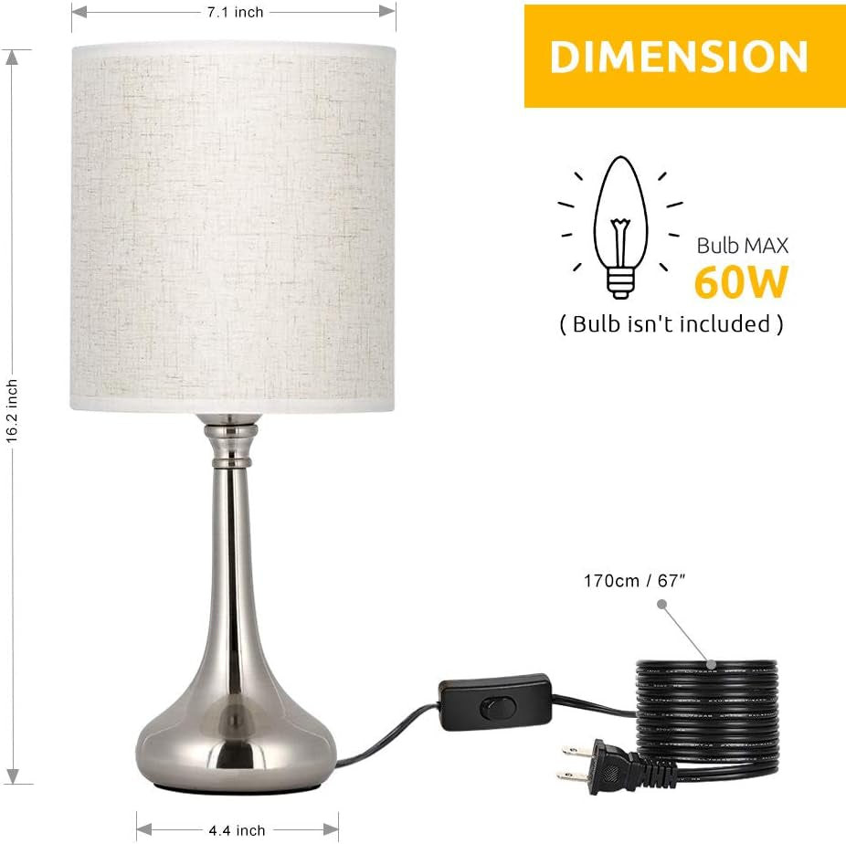 Modern Table Lamps - Nightstand Lamps Set of 2 with Fabric Shade, Small Bedside Desk Lamps for Guest Room, Living Room, Bedroom, Hotel - Silver (HT-TH36-11X2)