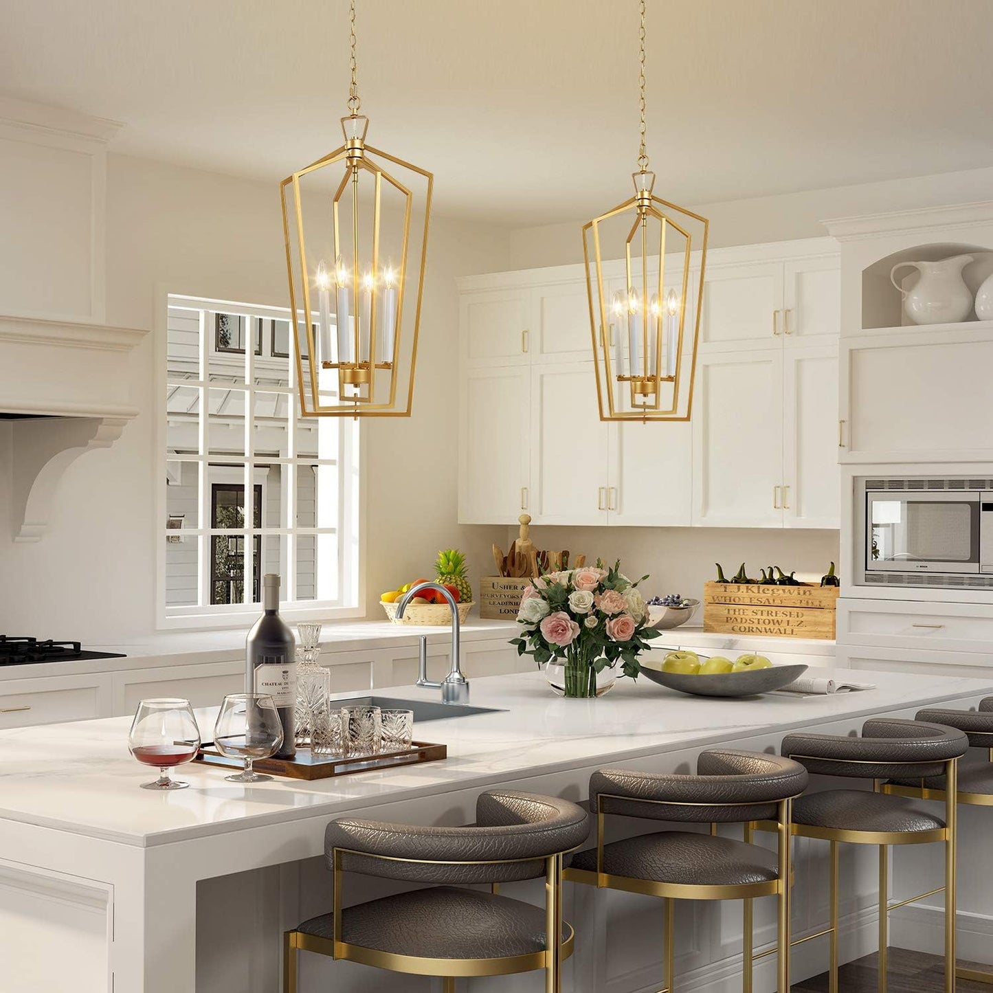 Gold Chandelier, 4-Light Gold Lantern Pendant Light with Adjustable Framework for Kitchen, Dining Room, 14" W X 28.3" H