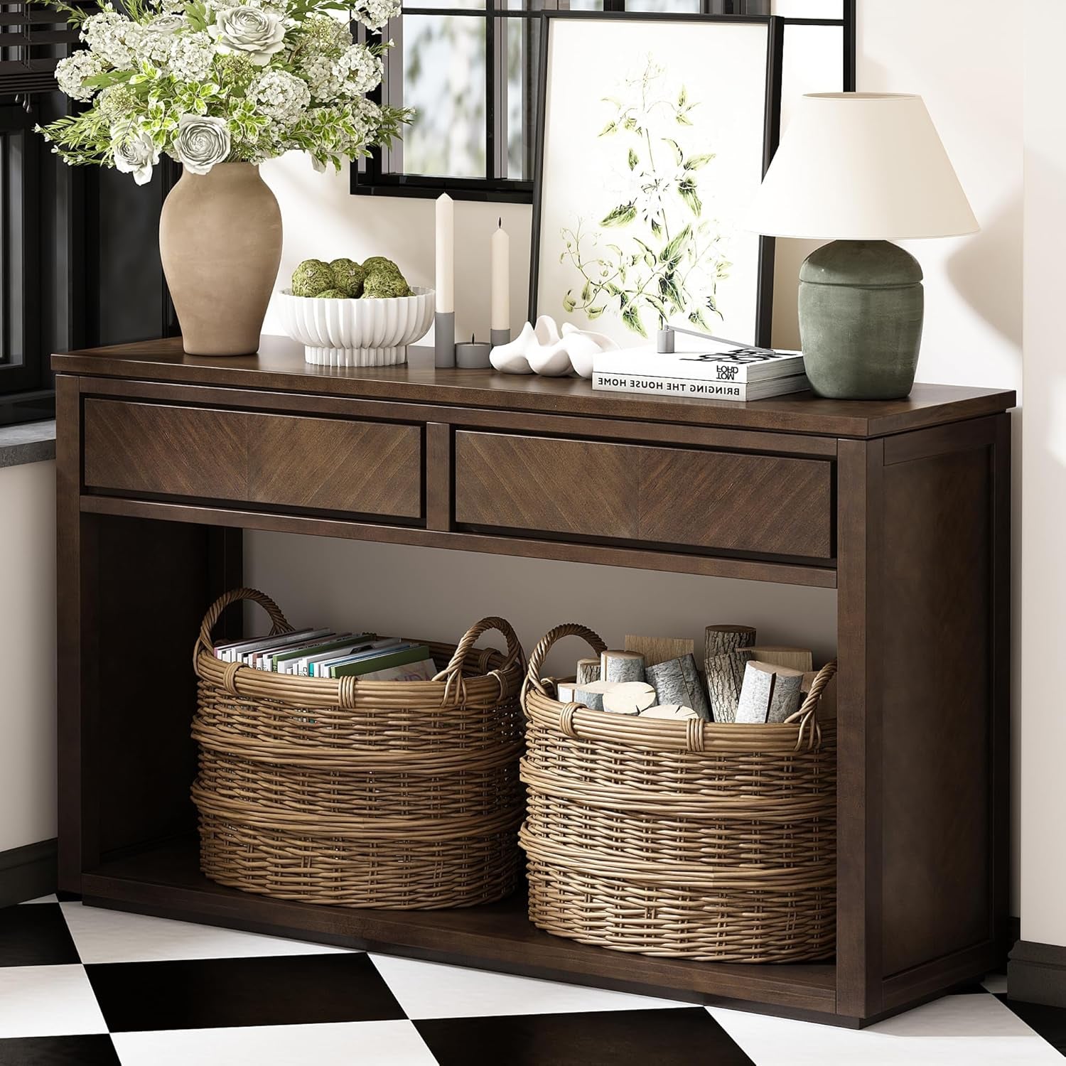 Farmhouse Entryway Table with Drawers,Vintage Wood Console Table with Bottom Shlef for Entryway,Hallway,Living Room