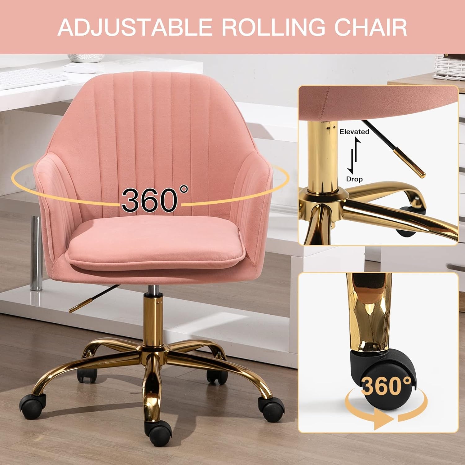 Pink Chair Cute Office Chair, Mid-Back Vanity Chair Adjustable Task Office Chair 360°Swivel Roller Chair with Arms and Gold Metal Base for Home Office, Vanity Room, Bedroom