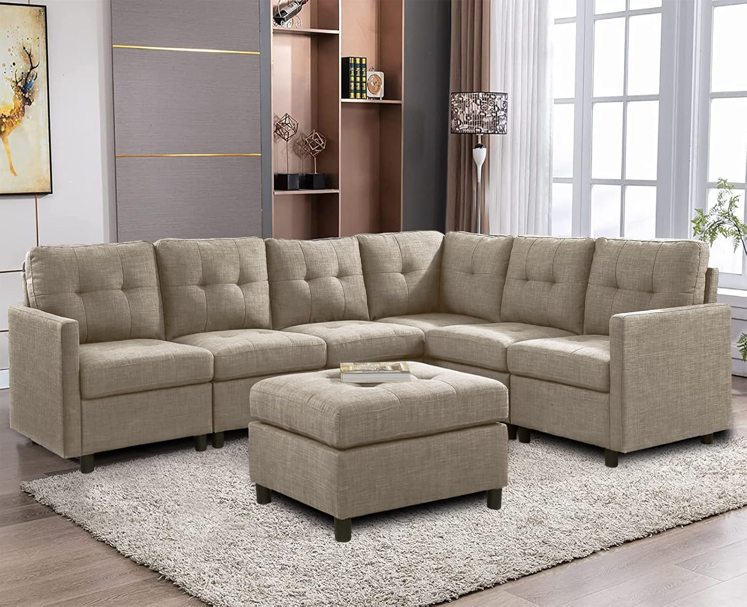 Sectional Couches Living Room Sofa Set Modular Sectional Sofa with Ottoman 6 Seater L-Shape Corner Couch Furniture Sets, Linen Grey