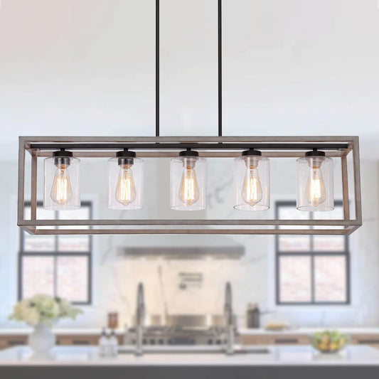 Farmhouse Large Linear Chandelier Orb+Oak White 5-Lights Rectangle Geometric Chandelier Light Fixtures for Dining Room Kitchen Island Adjustable