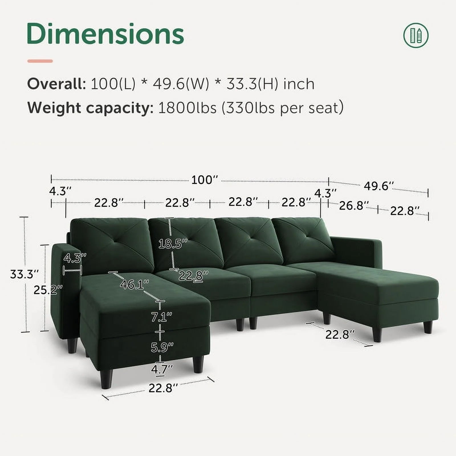 Large Green Velvet L-Shape Sectional Sofa with Storage Ottoman