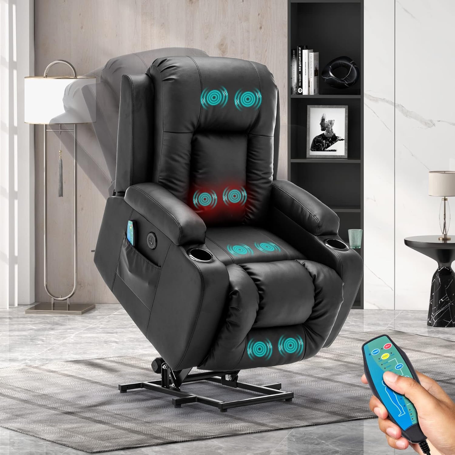 Power Lift Recliner Chair, PU Leather Recliner W/8 Massage Positions &Lumbar Heating for Adults