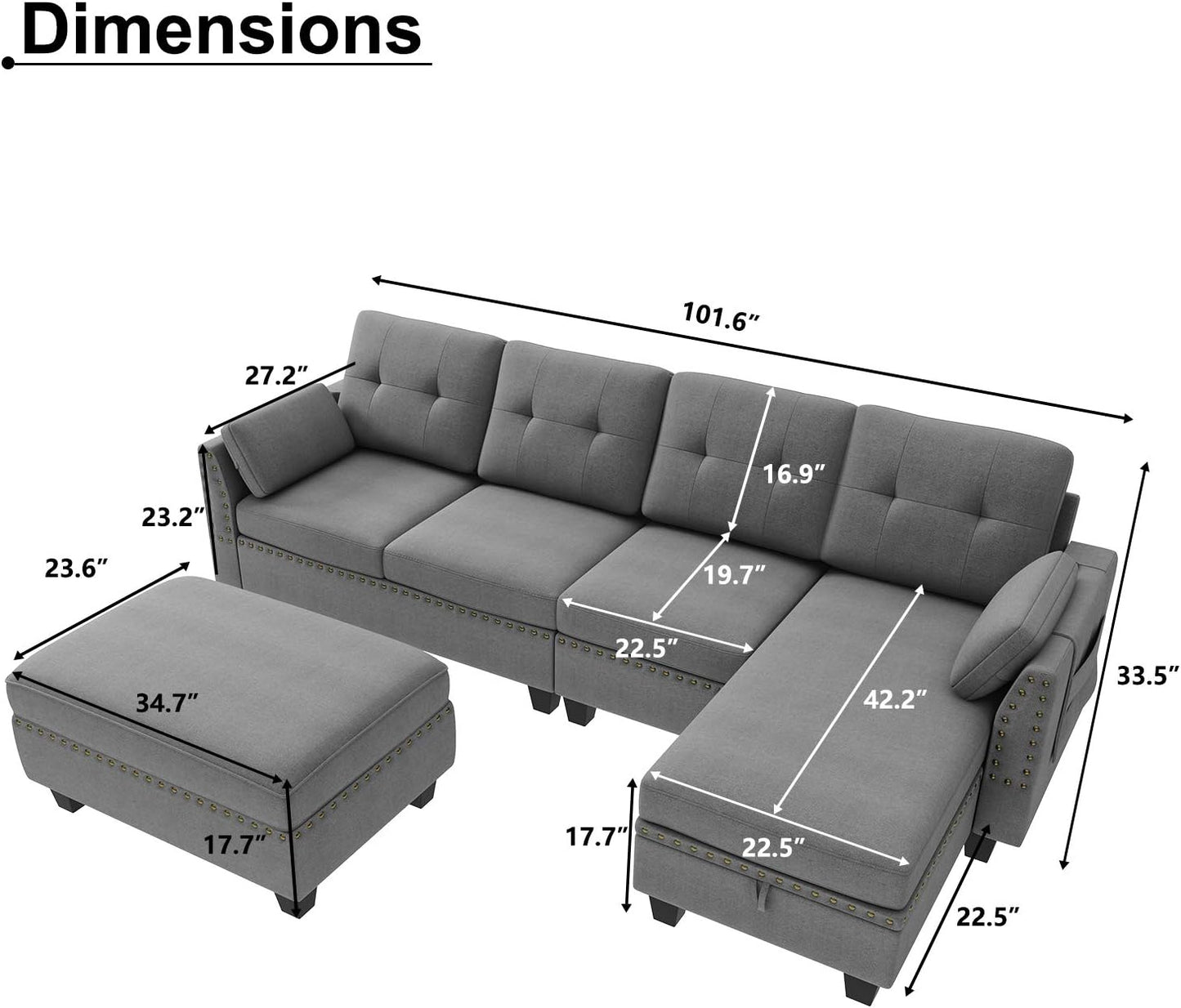 Reversible Sectional Sofa Couch Set L Shaped Couch Sofa Sets for Living Room 4 Seat Sofa Sectional with Storage Ottoman for Small Apartment,Grey (Sectional+Tray Ottoman)