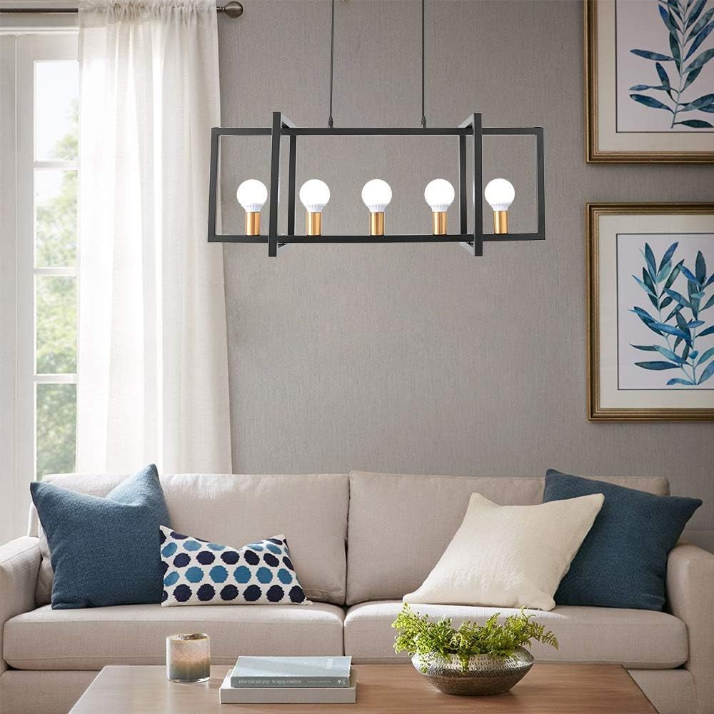 Kitchen Island Lighting Mid Century Modern Light Fixture Farmhouse Dining Room Chandelier 5-Light Black Pendant Lighting for Living Room Bedroom