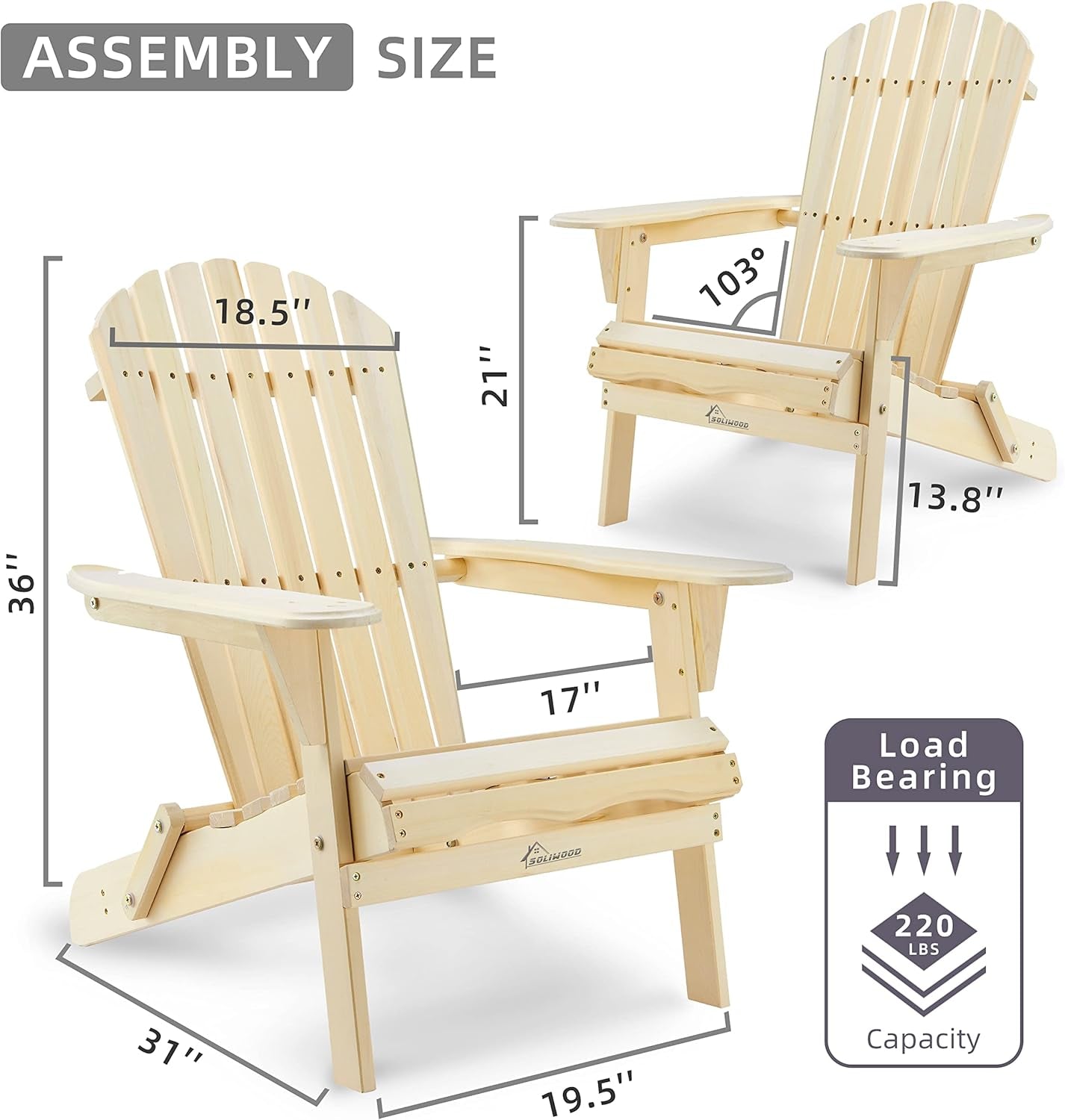 Wooden Folding Adirondack Chair, Half Pre-Assembled Wood Patio Lounge Chair 