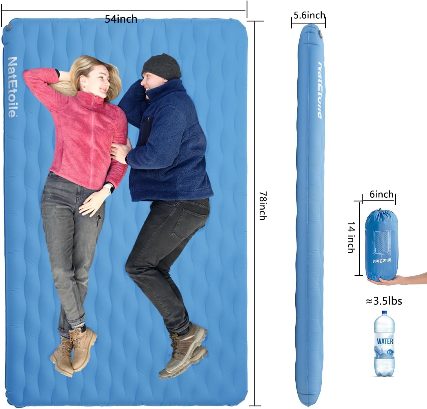 Double Sleeping Pad 2 Person Camping Mattress Inflatable 5.6" Extra Thick Queen Camping Pad, Queen Size Camping Air Mattress, Two Person Caming Sleeping Pad for Tent, Cot - Blue