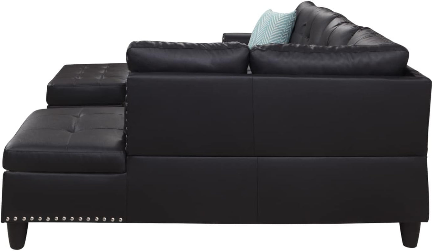 Sectional Sofa with Chaise Lounge and Ottoman Living Room Leather Sectional Set 6 Seater Corner L Shaped Couch Sofa with Cupholder, Right Facing Couch