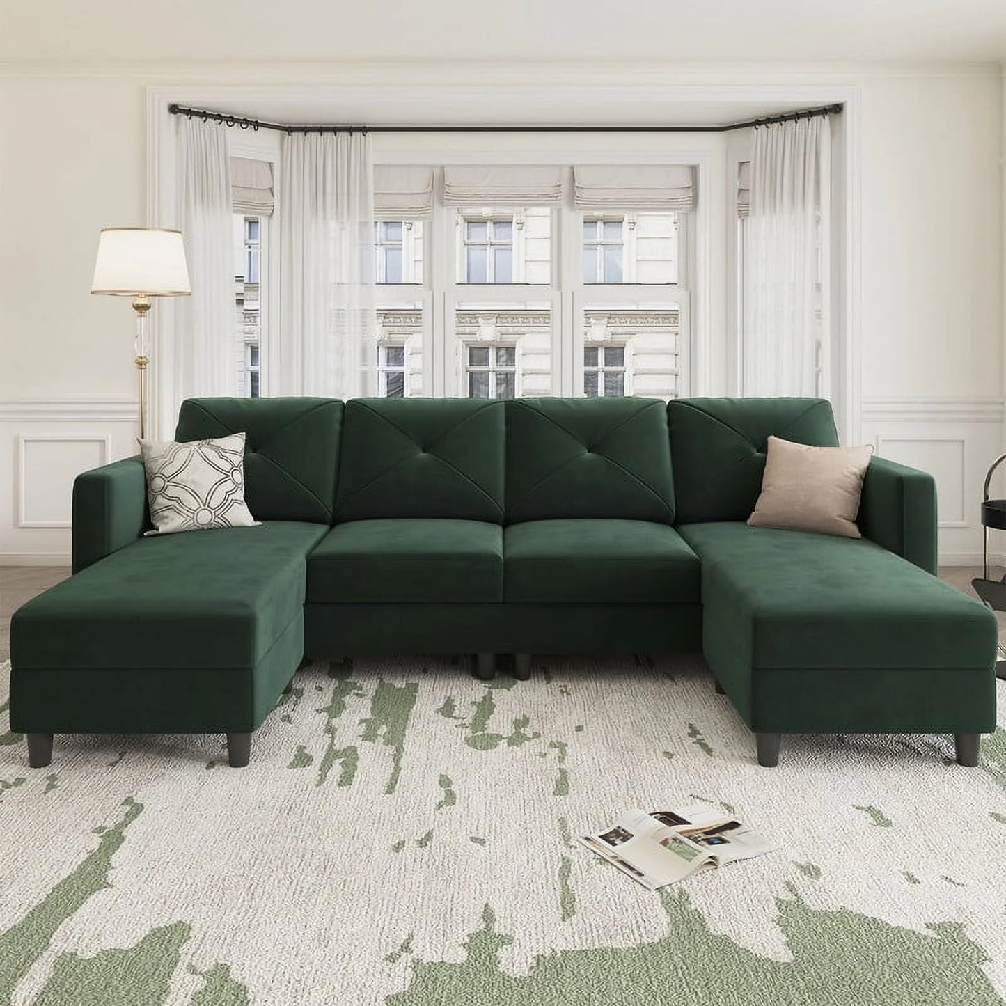 Large Green Velvet L-Shape Sectional Sofa with Storage Ottoman