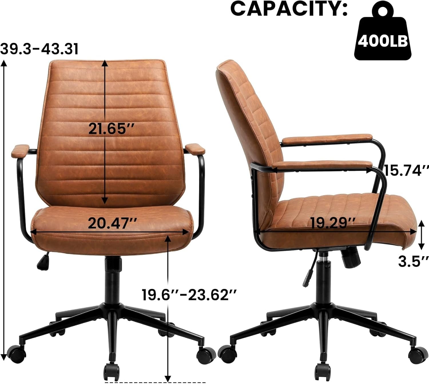 Executive Office Chair Adjustable Leather Chair Mid Back Swivel Office Desk Chair with Padded Armrest 400Lbs Load-Bearing Computer Desk Chair for Home Office