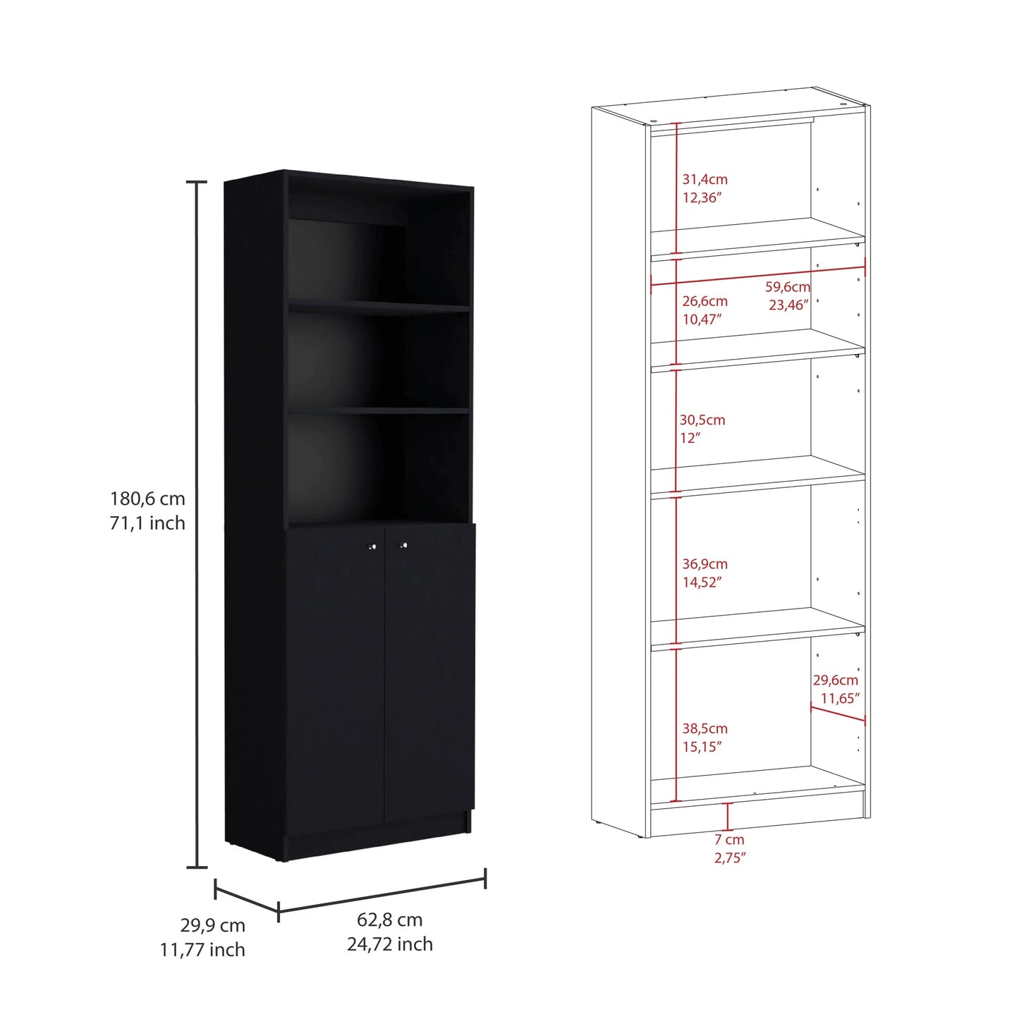 Home 2-Door Bookcase with Open Shelves