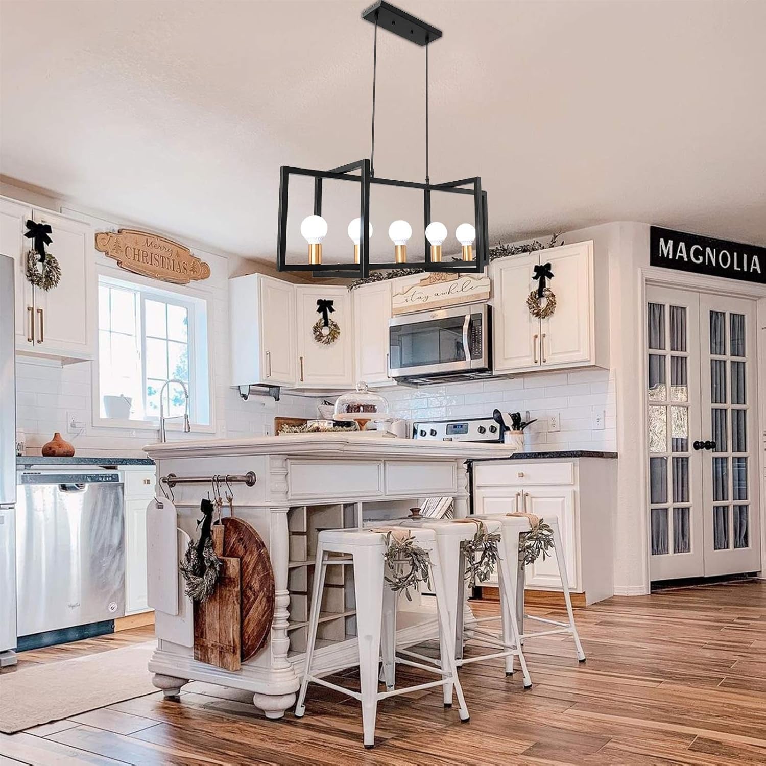 Kitchen Island Lighting Mid Century Modern Light Fixture Farmhouse Dining Room Chandelier 5-Light Black Pendant Lighting for Living Room Bedroom