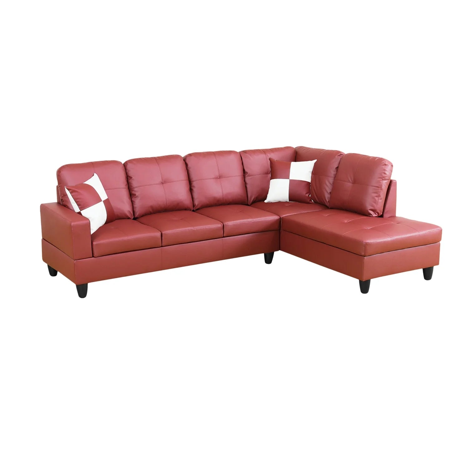 Semi PU Leather Sectional Sofa Couch Living Room Furniture Sets, Modern L Shaped Sectional Sofa Set, Red(No Ottoman)