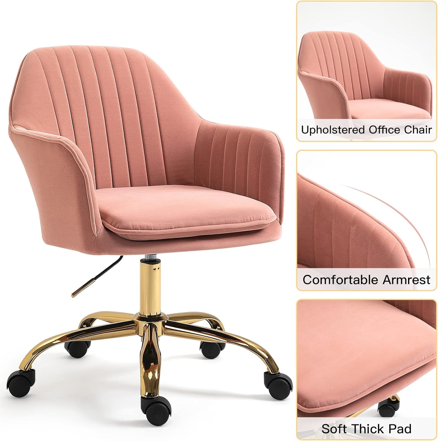 Pink Chair Cute Office Chair, Mid-Back Vanity Chair Adjustable Task Office Chair 360°Swivel Roller Chair with Arms and Gold Metal Base for Home Office, Vanity Room, Bedroom