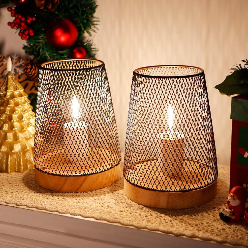 Set of 2 Metal Mesh Table Lamp LED Cordless Lamp Battery Powered with 6-Hours Timer Feature Modern Battery Lamp 7''H with Edison Bulb for Indoor Garden Party Balcony(With Wooden Base)