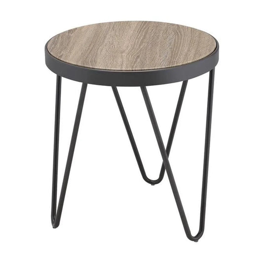 ACME Bage round Wooden Top End Table in Weathered Gray Oak