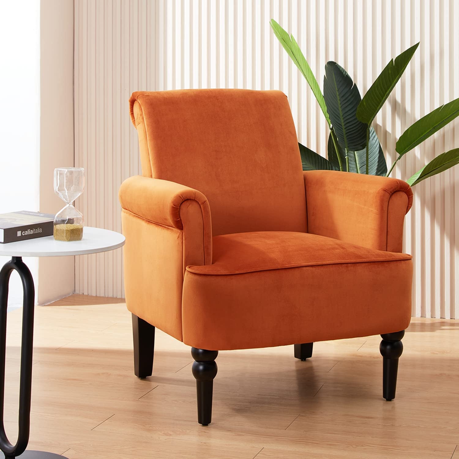 Modern Lounge Accent Chair, Comfy Velvet Fabric Armchair with Gourd Leg, Upholstered Chairs for Living Room, Reading Room, Bedroom, Orange